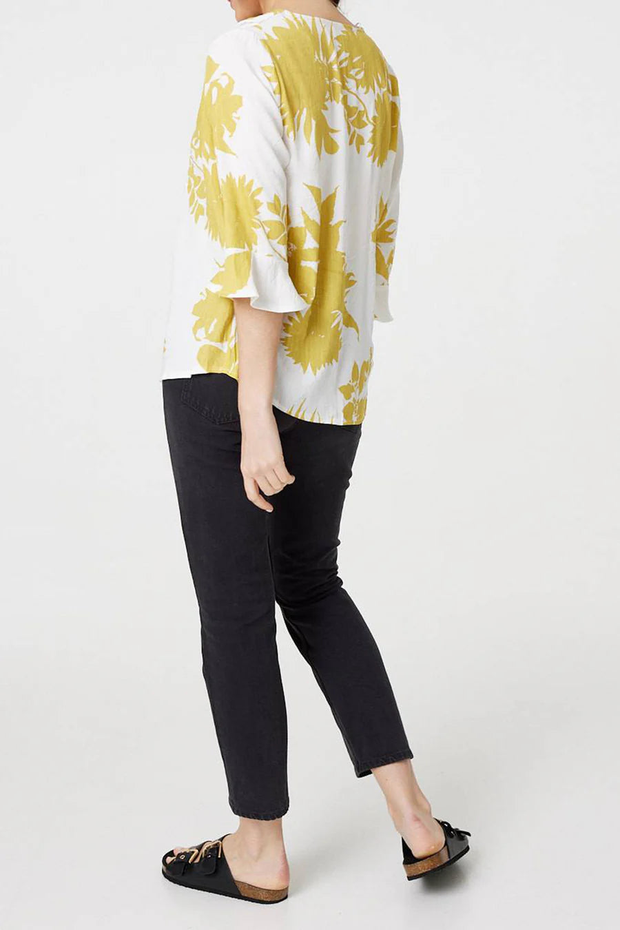 Stella Morgan yellow floral print tulip sleeve blouse sizes 8,10,12,14,16