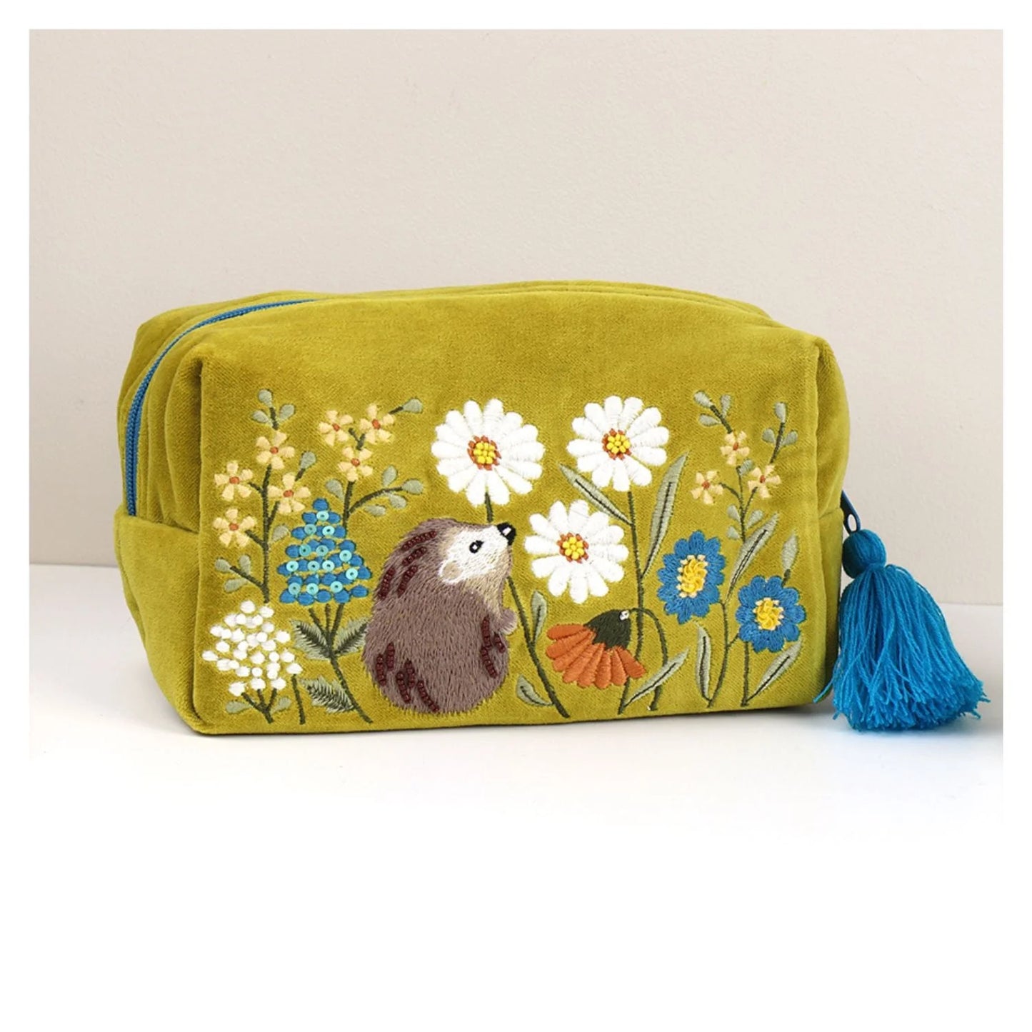 Pom mustard velvet hedgehog wildflowers make-up bag