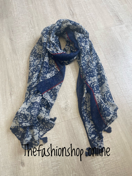 Navy roses tassel scarf