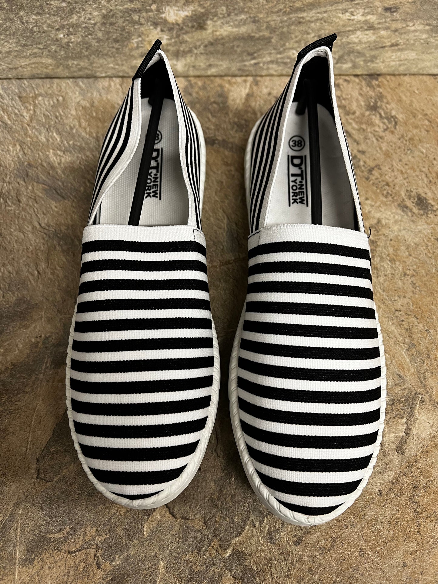 Black and white stripe slip on canvas pump sizes 3-8