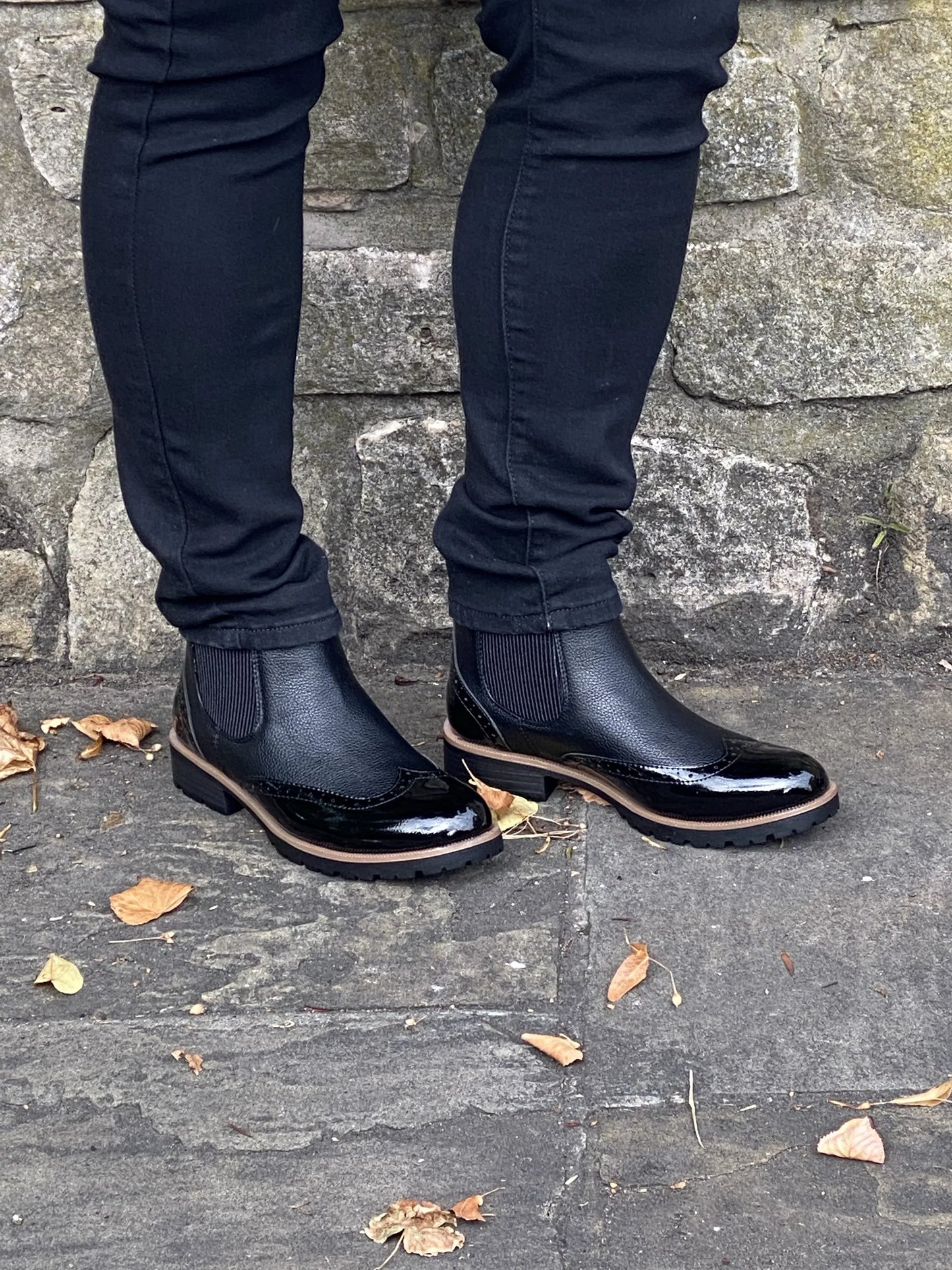 Black ankle boot with patent brogue detail 3-8