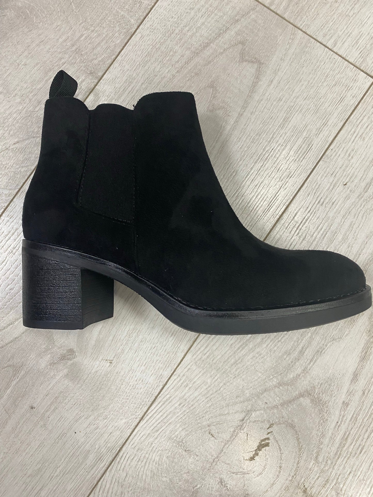 Black mock suede chunky heel ankle boot 3-8