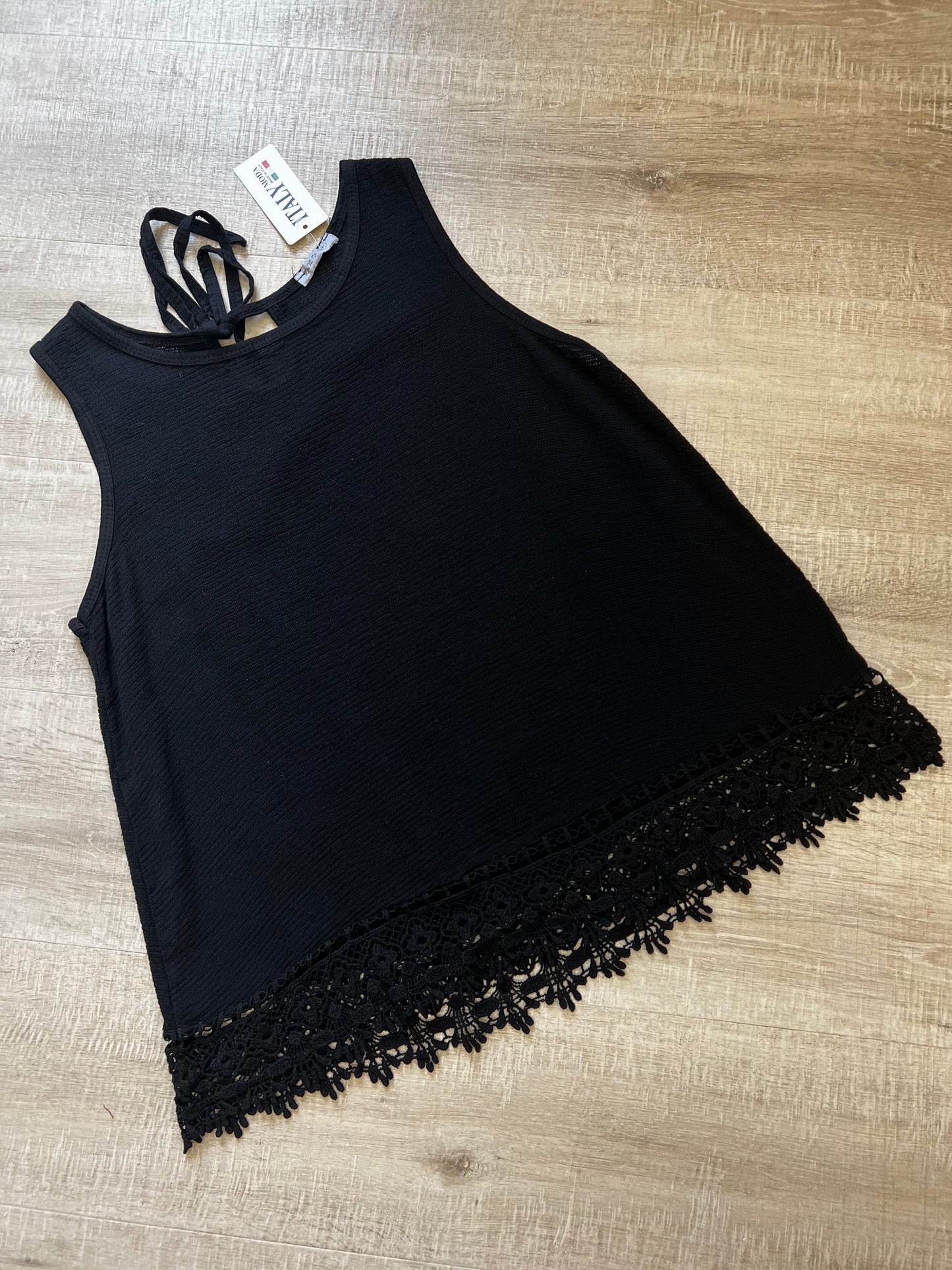 Black heavy lace trim vest (reg) 10-14