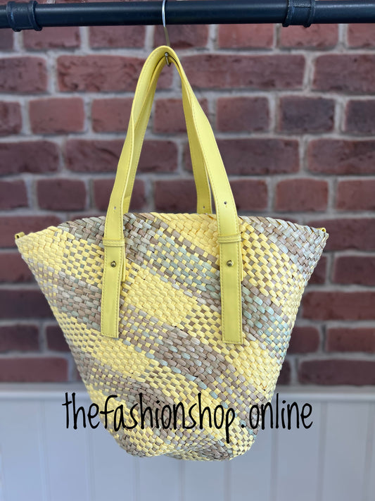 Straw shopper with yellow handles