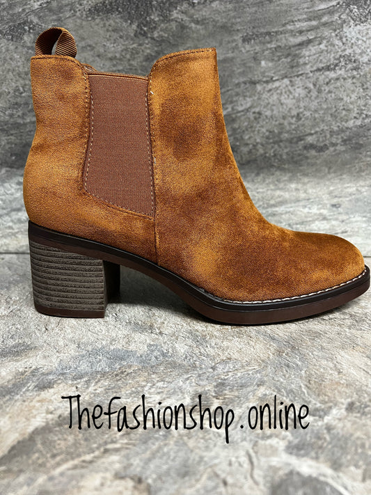 Brown mock suede chunky heel ankle boot 3-8