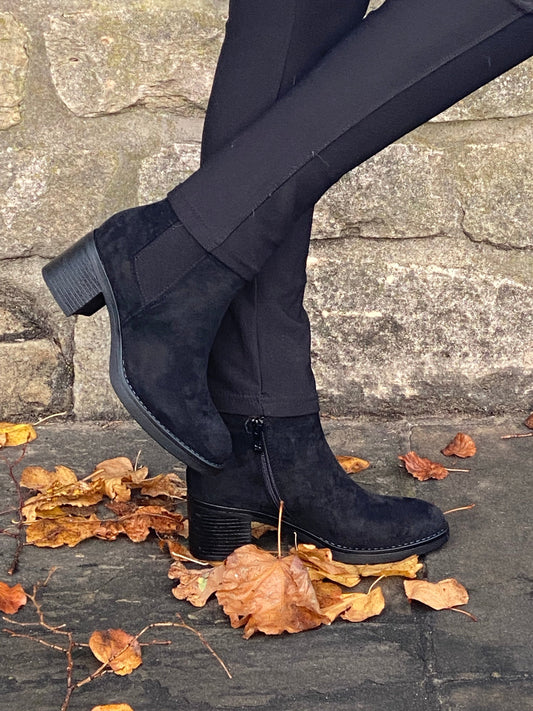 Black mock suede chunky heel ankle boot 3-8