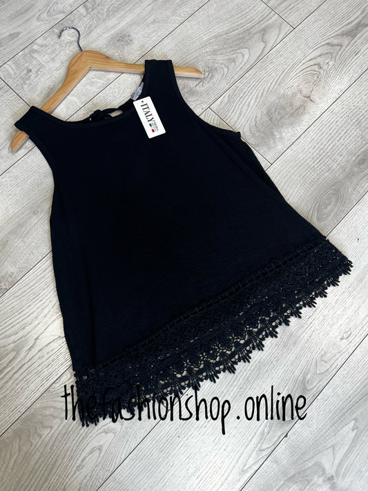 Black heavy lace trim vest (reg) 10-14