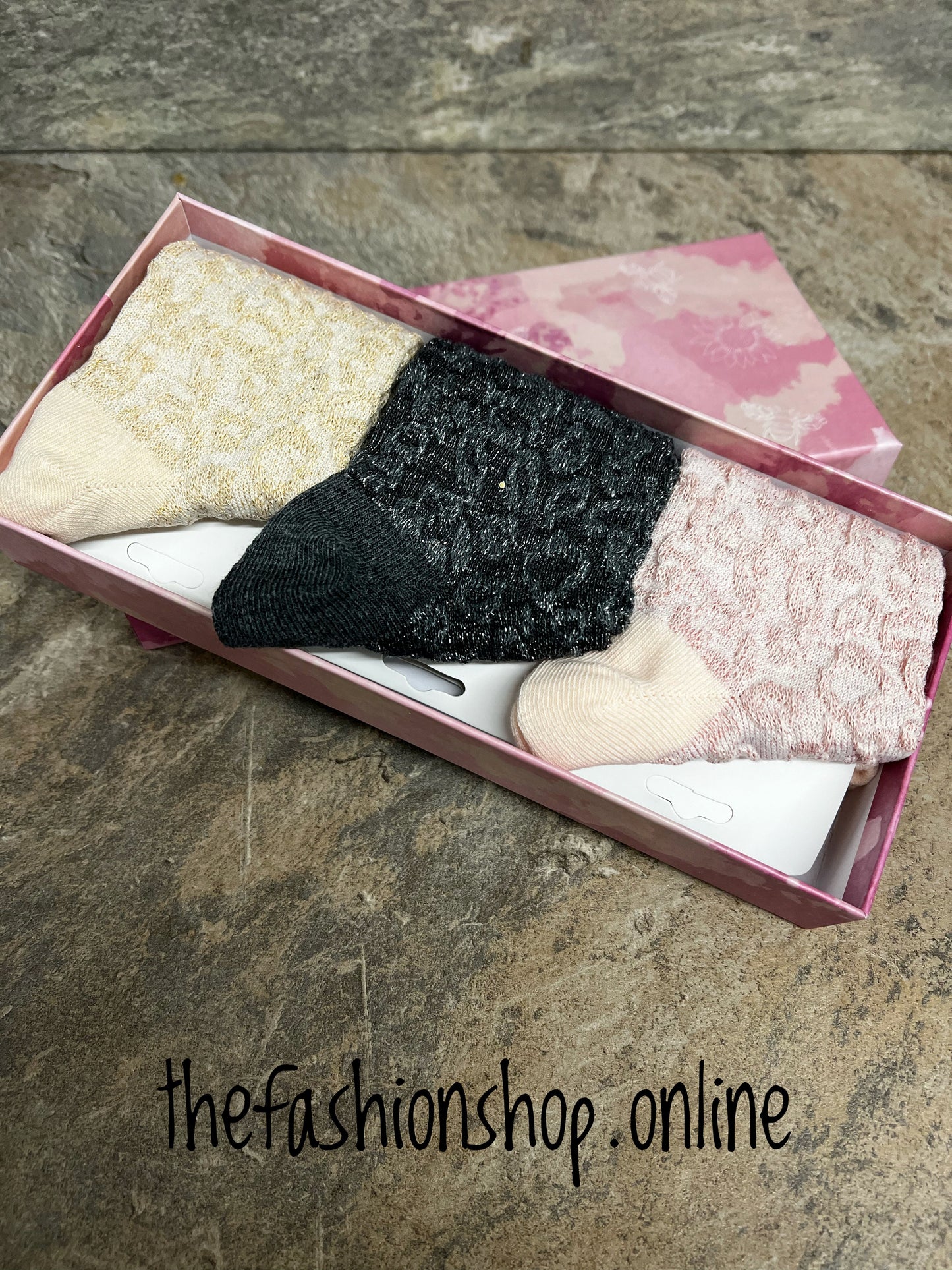 Cotton sock gift box - light glitter leopard print