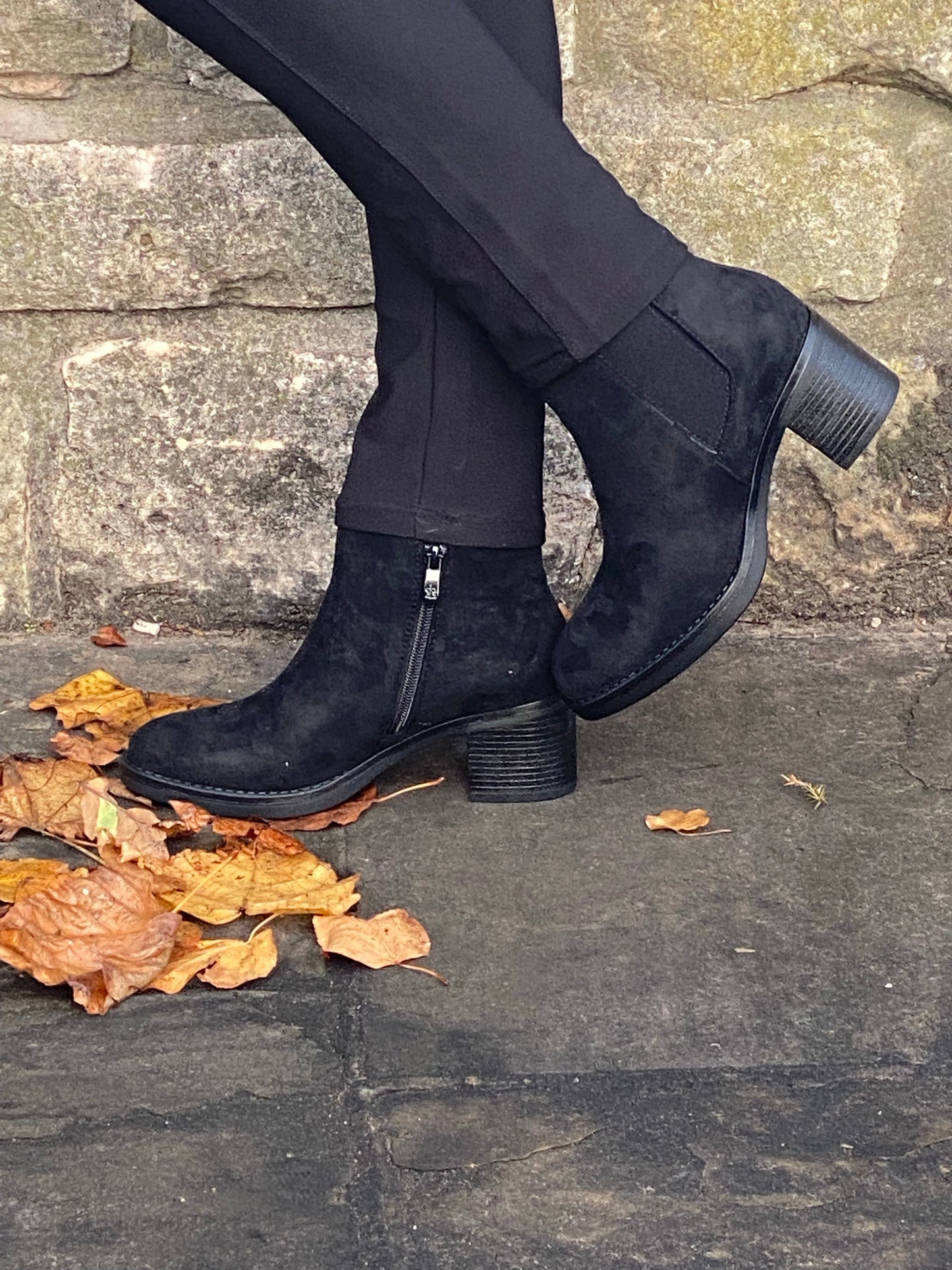 Black mock suede chunky heel ankle boot 3-8