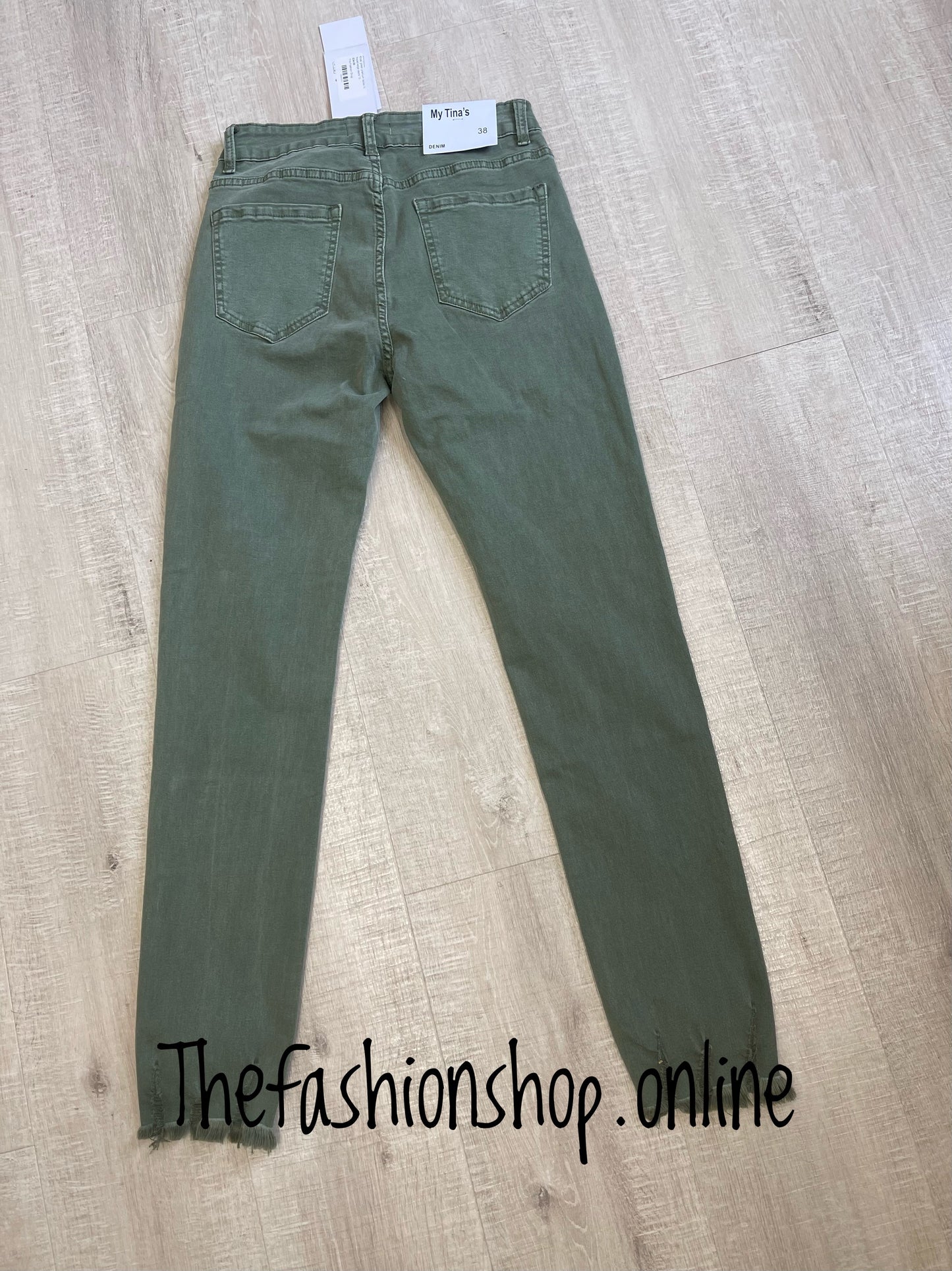 Khaki green premium ladies fit frayed edge jeans 10-20