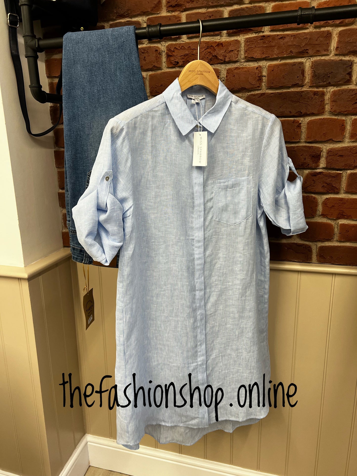 Miss Sparrow blue stripe linen shirt dress S-2XL