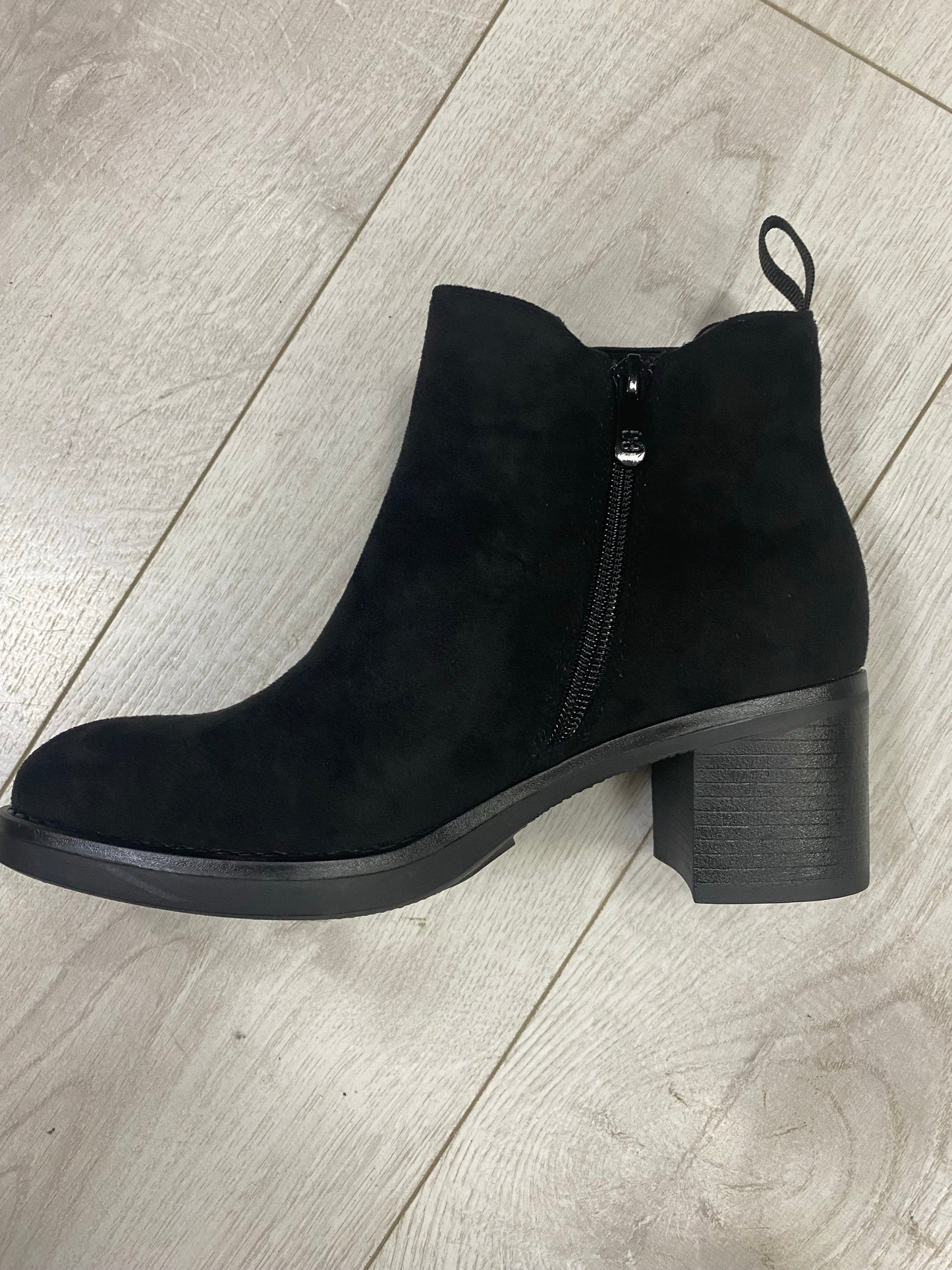 Black mock suede chunky heel ankle boot 3-8