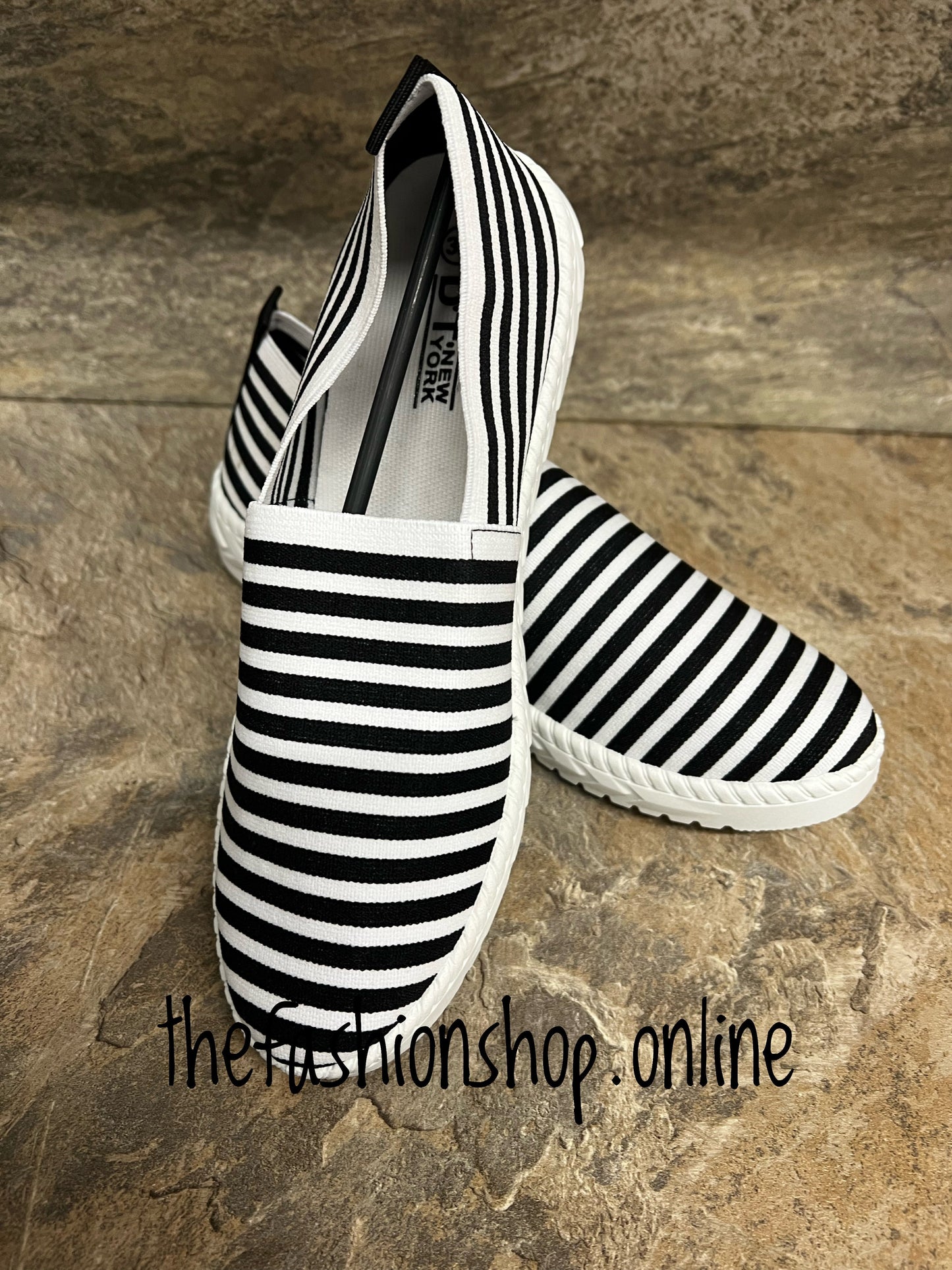 Black and white stripe slip on canvas pump sizes 3-8