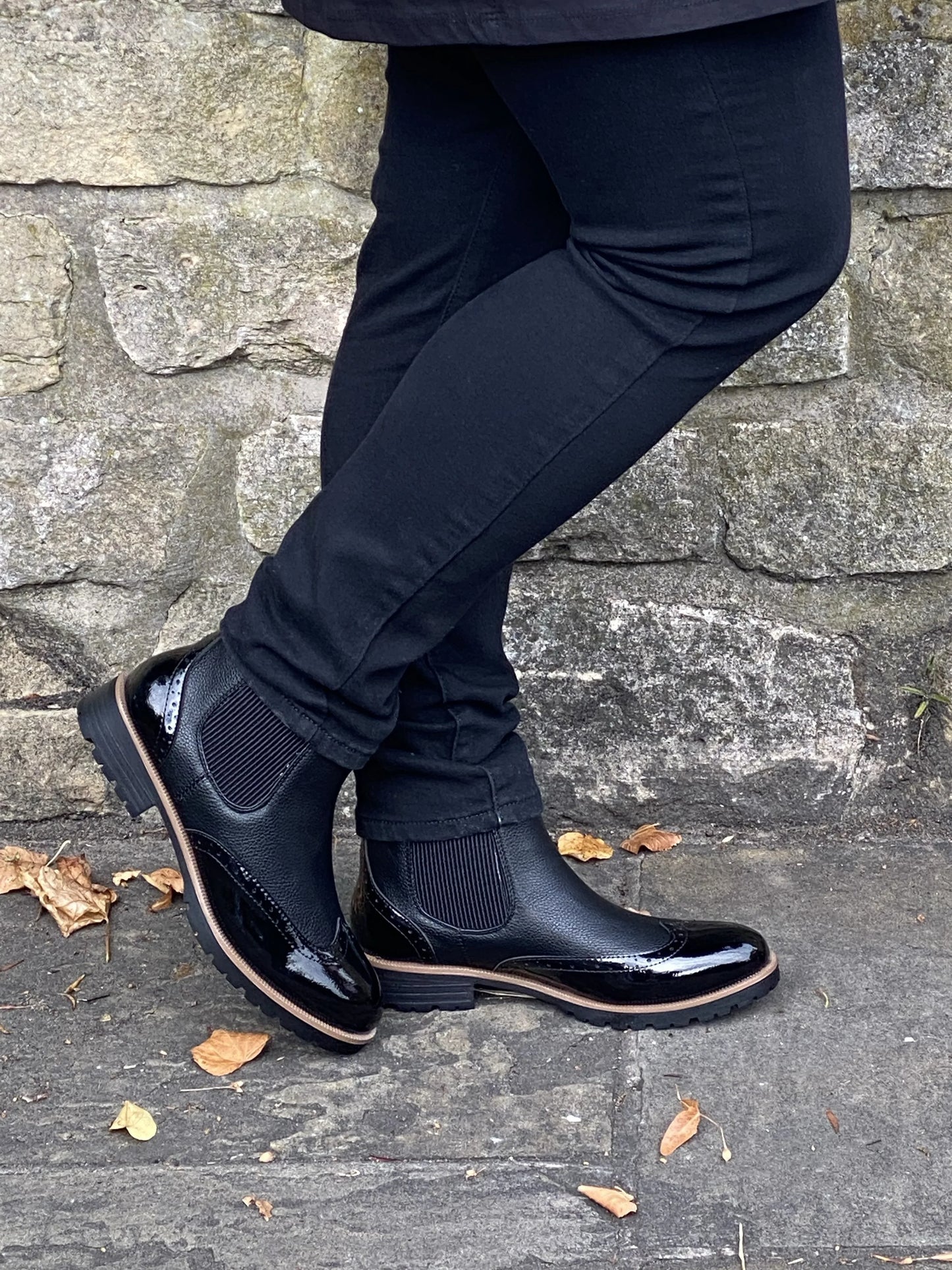 Black ankle boot with patent brogue detail 3-8