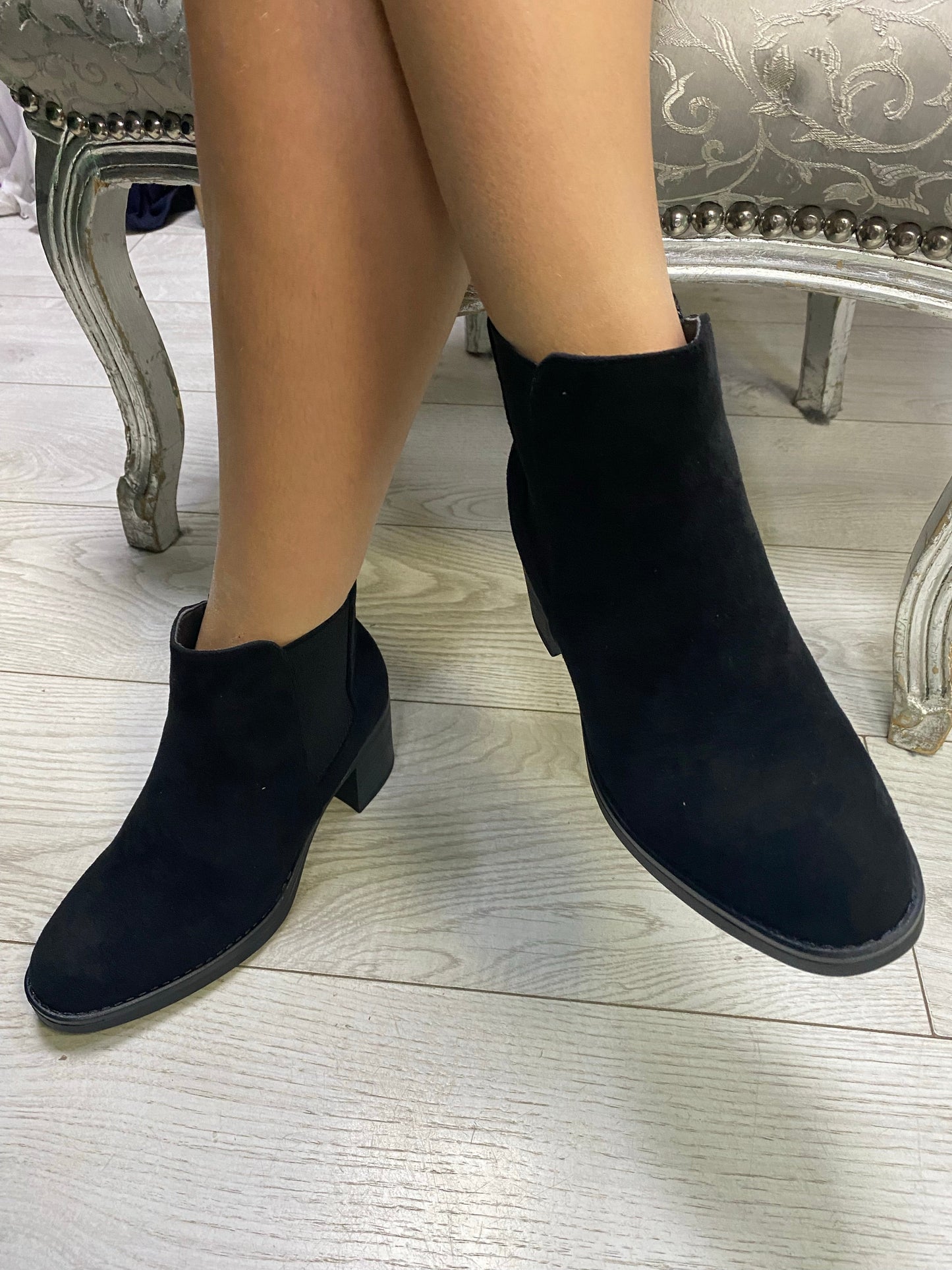 Black mock suede chunky heel ankle boot 3-8