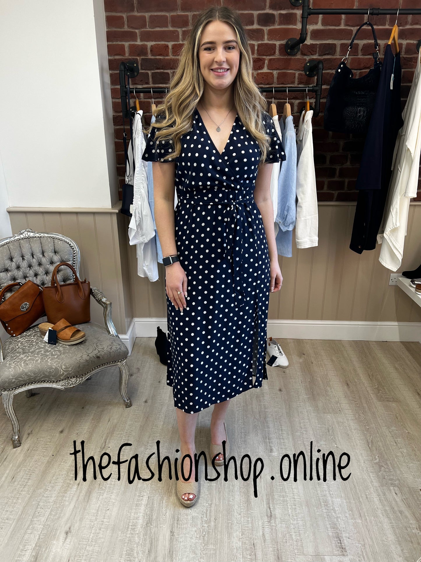 Navy spot dress with side split sizes 10-16