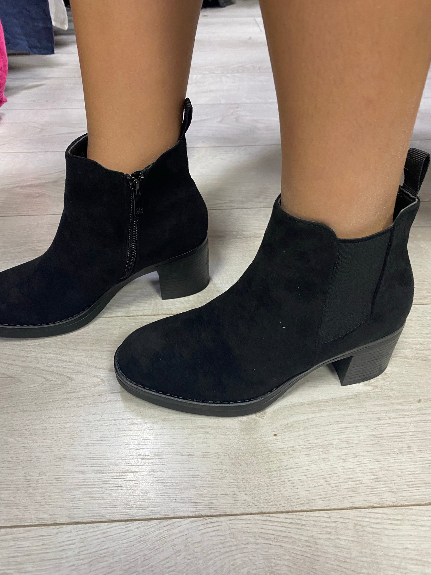 Black mock suede chunky heel ankle boot 3-8