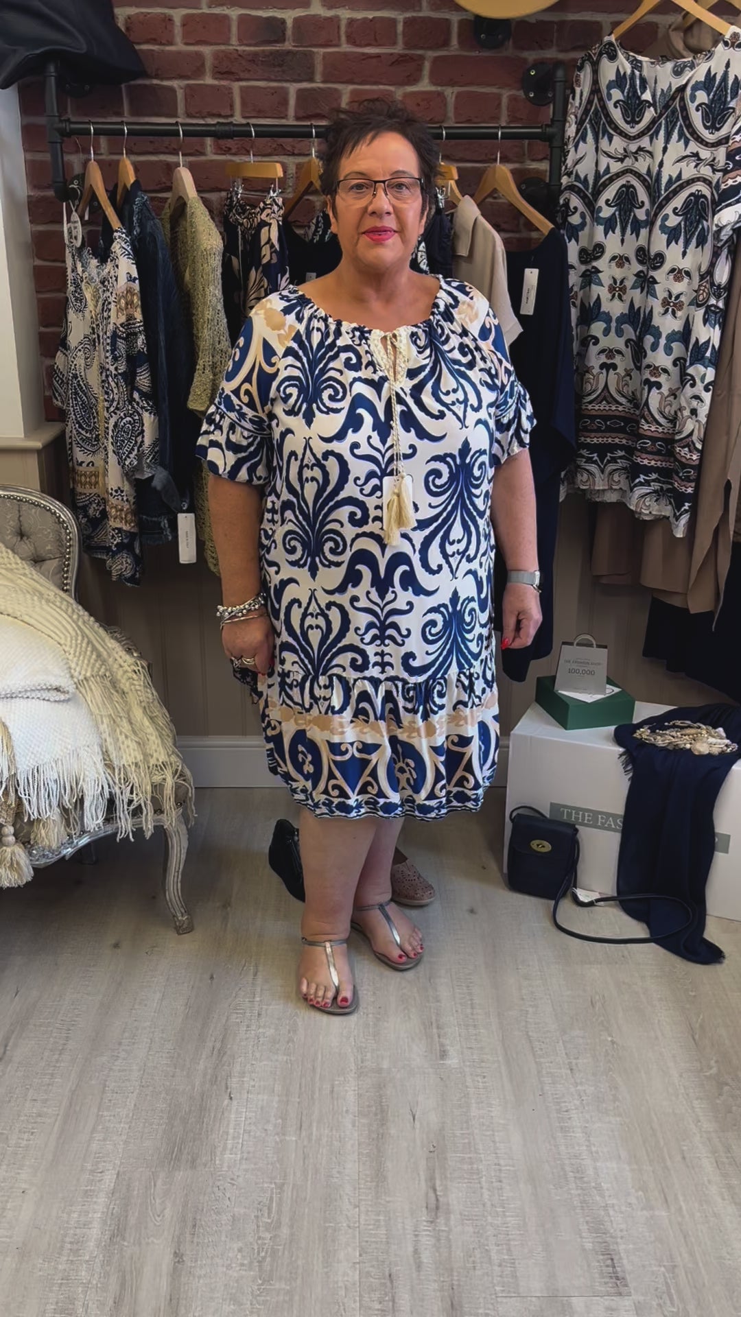 Navy and cream gypsy dress with border print 12 18 The Fashion Shop