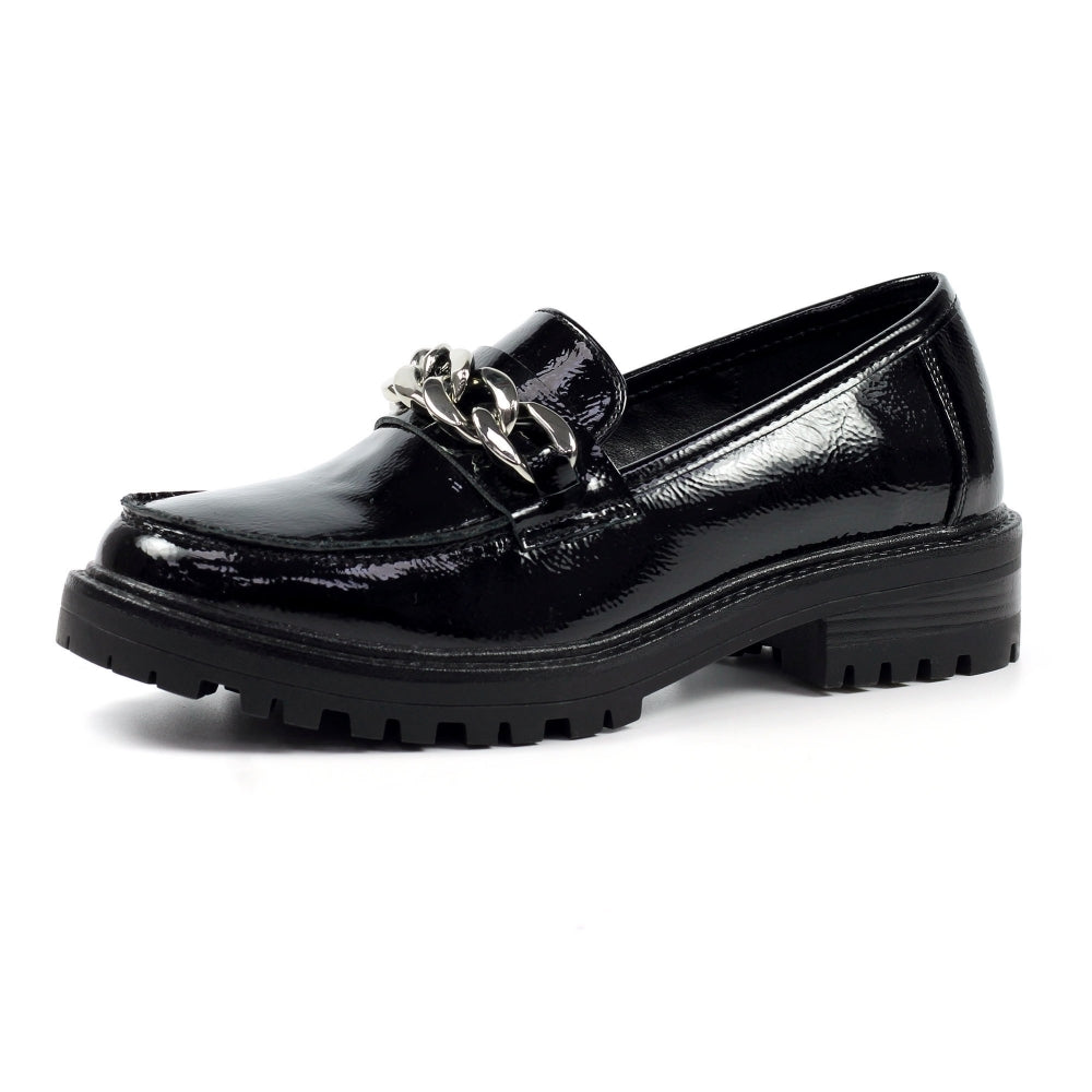 Lunar Tress black patent shoe with chain detail sizes 4-8