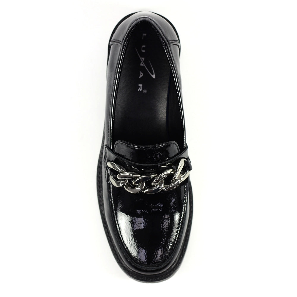 Lunar Tress black patent shoe with chain detail sizes 4-8