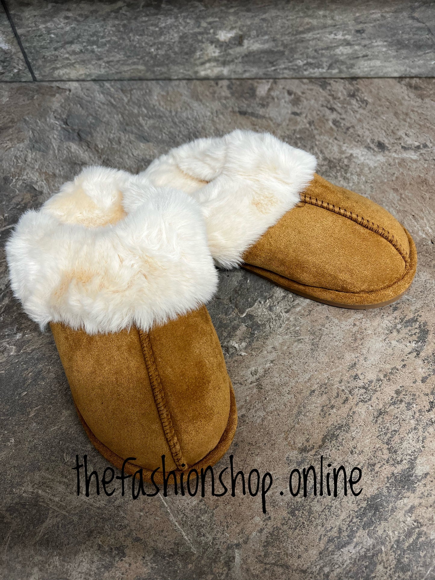 Tan faux suede faux fur slippers 3-8