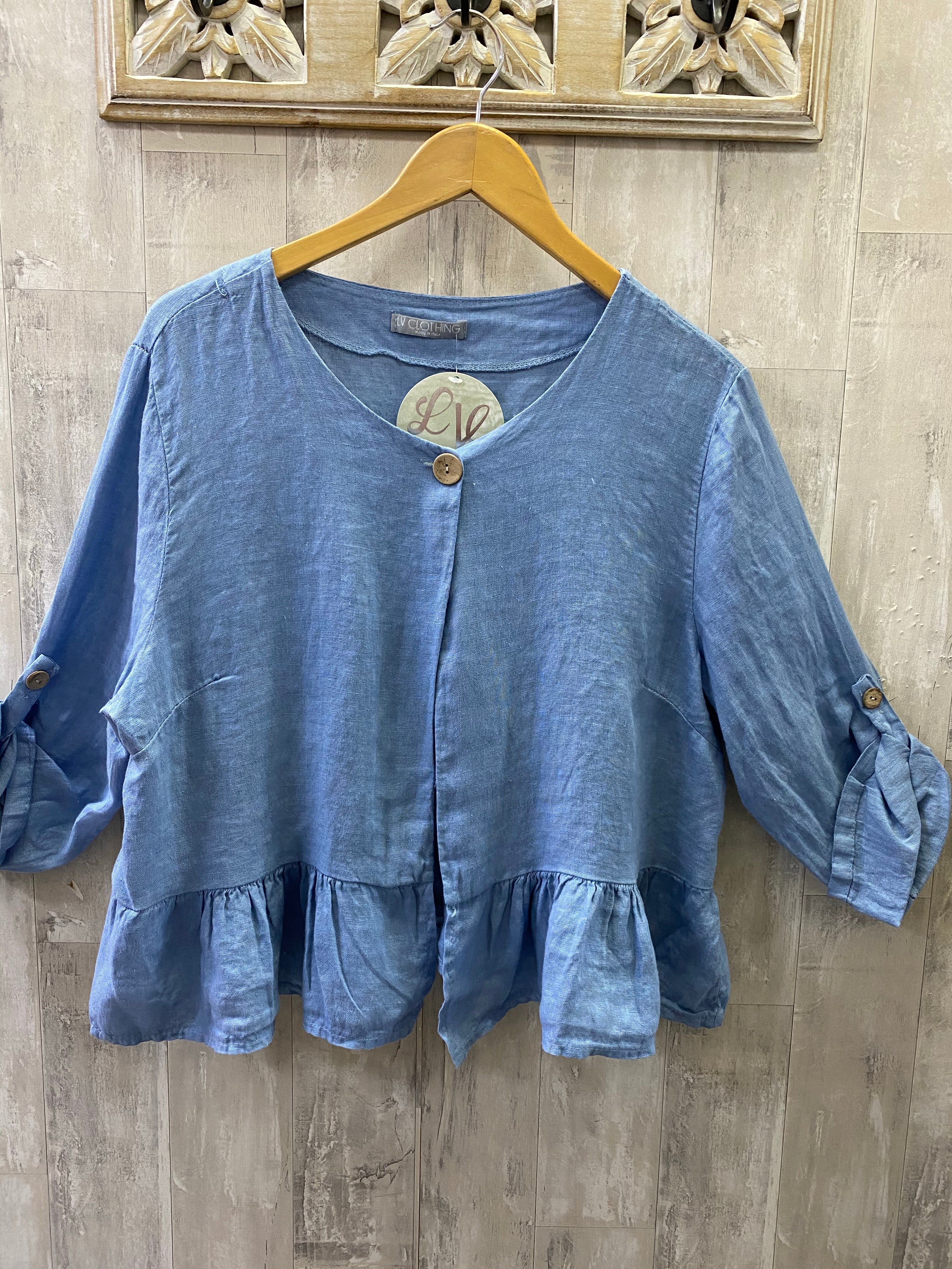 Linen bolero jacket frilled hem denim blue The Fashion Shop