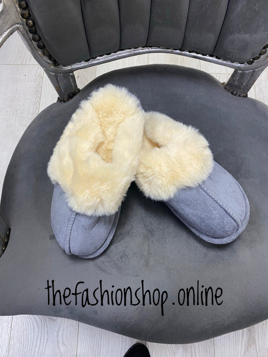 Grey faux suede faux fur slippers 3-8