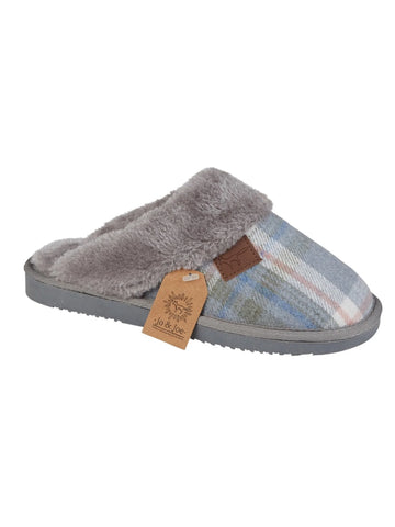 Slate grey Jo & Joe Shetland tartan faux fur slippers 3-8